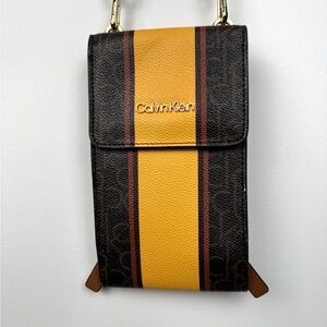 Calvin Klein Monogram Stripe Crossbody Phone Bag Brown Mustard
